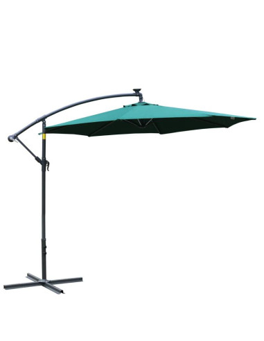 Umbrela gradina/terasa cu panou solar, iluminare LED, articulatie tip banana, manivela, verde, 295 cm