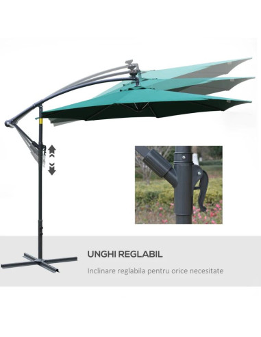 Umbrela gradina/terasa cu panou solar, iluminare LED, articulatie tip banana, manivela, verde, 295 cm