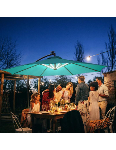 Umbrela gradina/terasa cu panou solar, iluminare LED, articulatie tip banana, manivela, verde, 295 cm