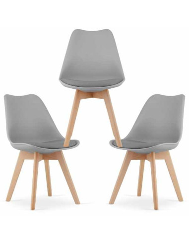 Set 3 Scaune Mercaton Grosseto, Stil Scandinav cu Picioare din Lemn, Sezut din PP si Perna din Piele Ecologica, Maxim 120 Kg, 49
