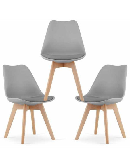 Set 3 Scaune Mercaton Grosseto, Stil Scandinav cu Picioare din Lemn, Sezut din PP si Perna din Piele Ecologica, Maxim 120 Kg, 49