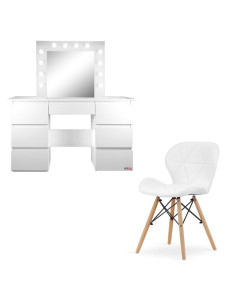 Masa de toaleta/machiaj + Scaun stil scandinav Lago, alba, cu oglinda si LED-uri, Vanessa, 130x43x143 cm