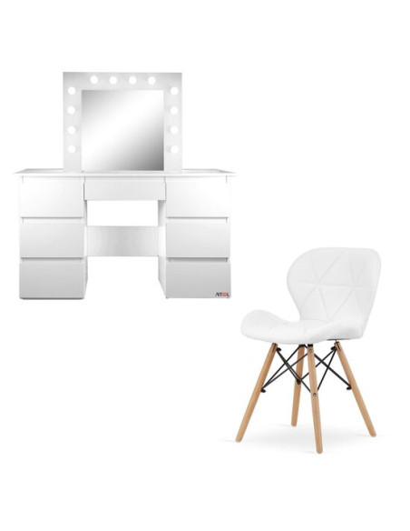Masa de toaleta/machiaj + Scaun stil scandinav Lago, alba, cu oglinda si LED-uri, Vanessa, 130x43x143 cm