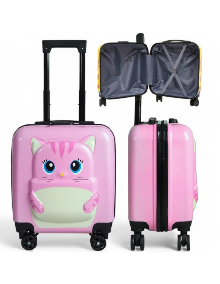 Troler roz, tip valiza, copii, pentru bagaje, model pisicuta, functie de blocare prin cifru, WP04