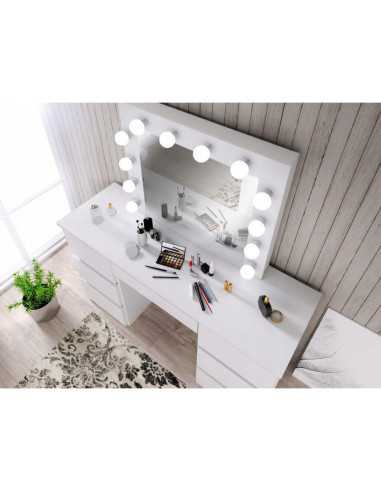 Masa de toaleta/machiaj + Scaun stil scandinav Lago, alba, cu oglinda si LED-uri, Vanessa, 130x43x143 cm