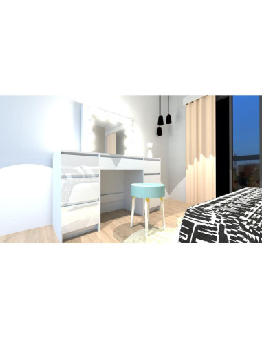 Masa de toaleta/machiaj + Scaun stil scandinav Lago, alba, cu oglinda si LED-uri, Vanessa, 130x43x143 cm