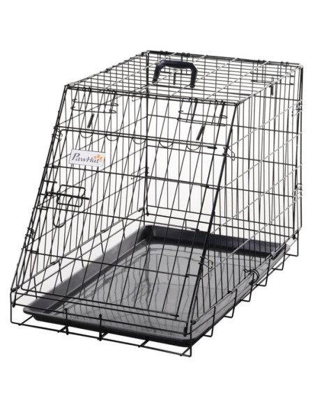 Cusca pentru caine, metal, plastic, cu maner transport, pliabila, negru, 47x77x60 cm