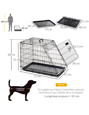 Cusca pentru caine, metal, plastic, cu maner transport, pliabila, negru, 47x77x60 cm