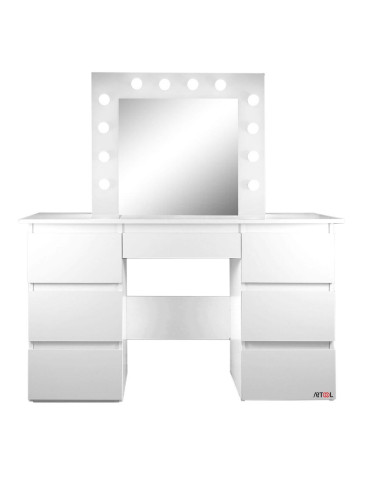 Masa de toaleta/machiaj + Taburet Korfu, alba, cu oglinda si LED-uri, Vanessa, 130x43x143 cm