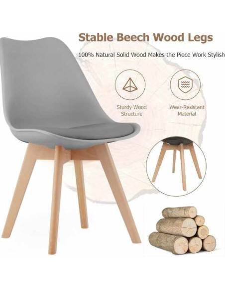 Set 3 Scaune Mercaton Grosseto, Stil Scandinav cu Picioare din Lemn, Sezut din PP si Perna din Piele Ecologica, Maxim 120 Kg, 49