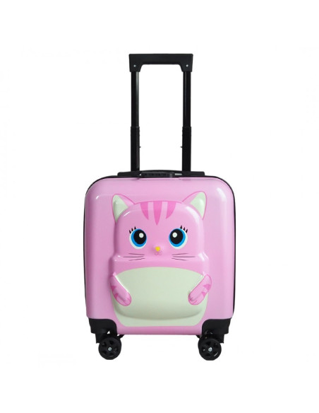 Troler roz, tip valiza, copii, pentru bagaje, model pisicuta, functie de blocare prin cifru, WP04