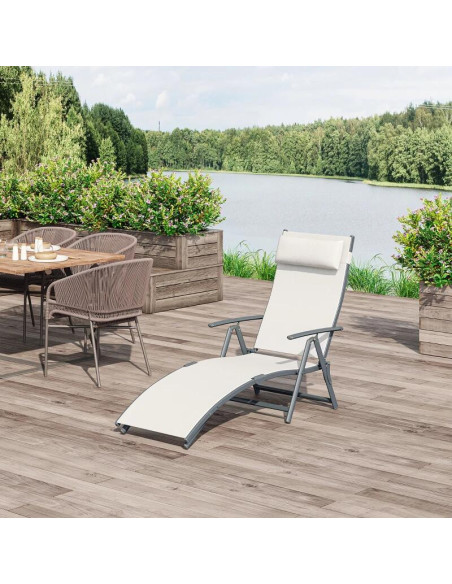 Sezlong pentru gradina, metalic, pliabil, cu spatar reglabil, crem, max 165 kg, 177x66x108 cm