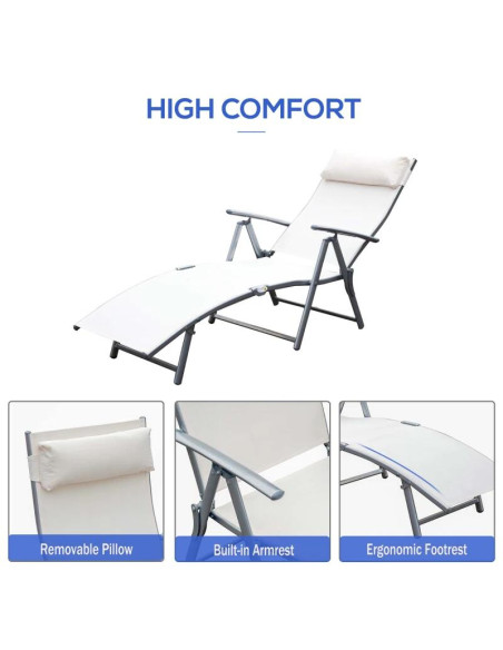 Sezlong pentru gradina, metalic, pliabil, cu spatar reglabil, crem, max 165 kg, 177x66x108 cm