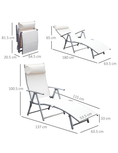 Sezlong pentru gradina, metalic, pliabil, cu spatar reglabil, crem, max 165 kg, 177x66x108 cm