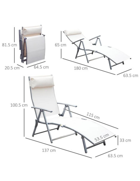 Sezlong pentru gradina, metalic, pliabil, cu spatar reglabil, crem, max 165 kg, 177x66x108 cm