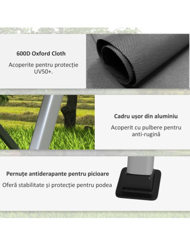 Scaun pliabil gradina, camping, pescuit, material Oxford, cu tetiera, buzunar, spatar reglabil, gri, 74x59.5x98 cm