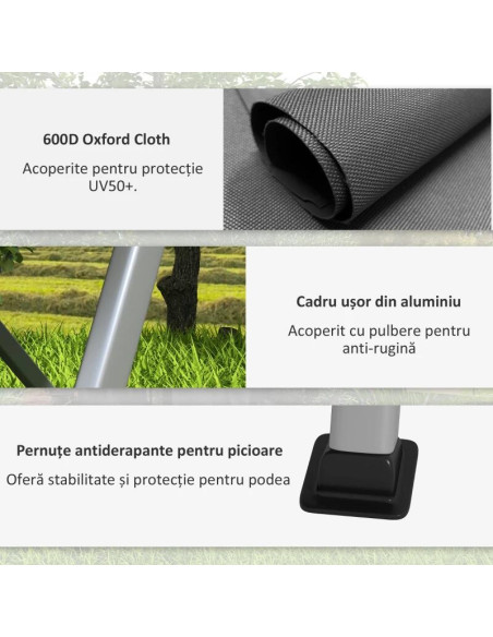 Scaun pliabil gradina, camping, pescuit, material Oxford, cu tetiera, buzunar, spatar reglabil, gri, 74x59.5x98 cm
