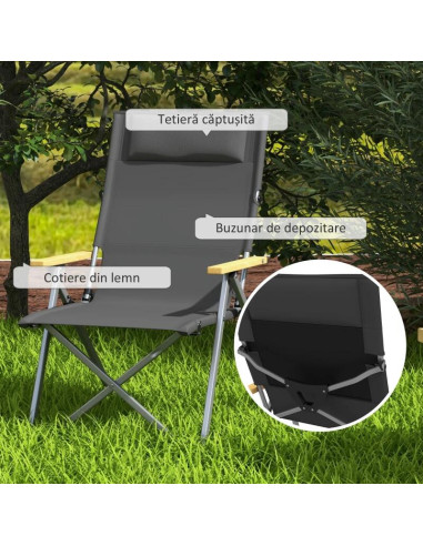Scaun pliabil gradina, camping, pescuit, material Oxford, cu tetiera, buzunar, spatar reglabil, gri, 74x59.5x98 cm