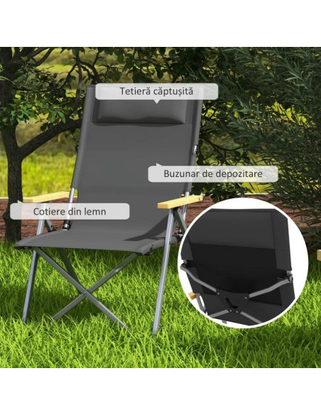 Scaun pliabil gradina, camping, pescuit, material Oxford, cu tetiera, buzunar, spatar reglabil, gri, 74x59.5x98 cm