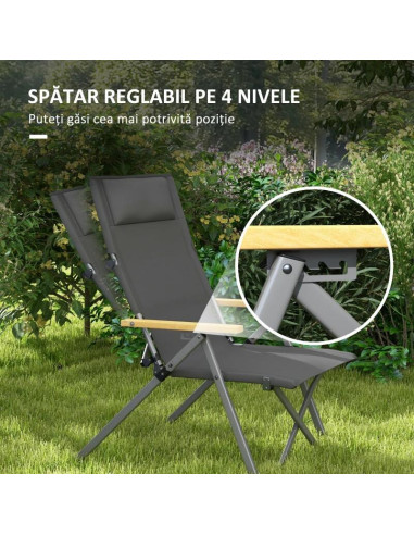 Scaun pliabil gradina, camping, pescuit, material Oxford, cu tetiera, buzunar, spatar reglabil, gri, 74x59.5x98 cm