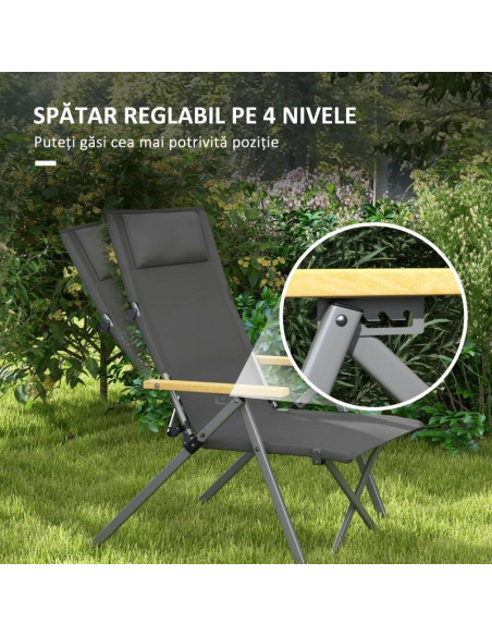 Scaun pliabil gradina, camping, pescuit, material Oxford, cu tetiera, buzunar, spatar reglabil, gri, 74x59.5x98 cm