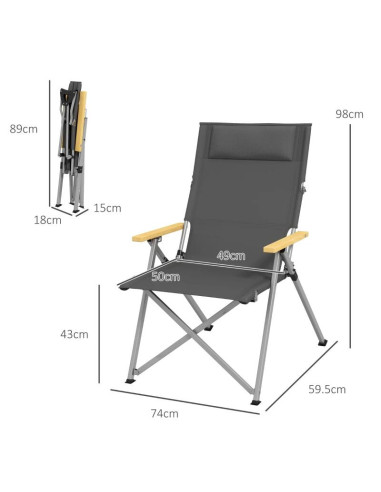 Scaun pliabil gradina, camping, pescuit, material Oxford, cu tetiera, buzunar, spatar reglabil, gri, 74x59.5x98 cm