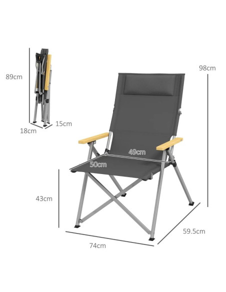 Scaun pliabil gradina, camping, pescuit, material Oxford, cu tetiera, buzunar, spatar reglabil, gri, 74x59.5x98 cm