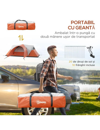 Cort camping, 5-6 persoane, impermeabil, cu copertina, ferestre, geanta, portocaliu, 550x300x198 cm