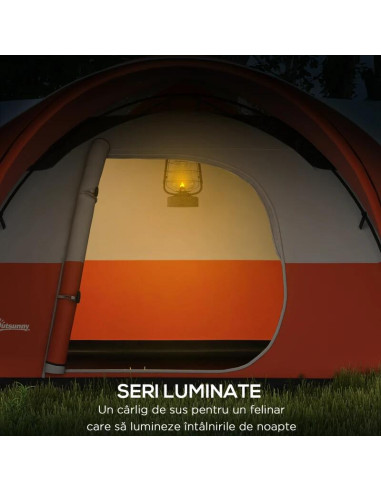 Cort camping, 5-6 persoane, impermeabil, cu copertina, ferestre, geanta, portocaliu, 550x300x198 cm