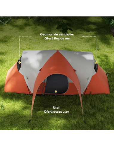 Cort camping, 5-6 persoane, impermeabil, cu copertina, ferestre, geanta, portocaliu, 550x300x198 cm