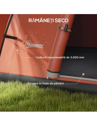 Cort camping, 5-6 persoane, impermeabil, cu copertina, ferestre, geanta, portocaliu, 550x300x198 cm