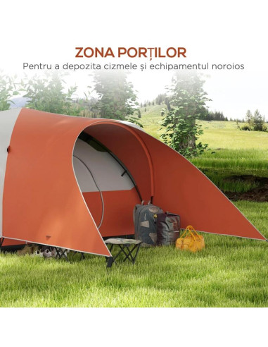 Cort camping, 5-6 persoane, impermeabil, cu copertina, ferestre, geanta, portocaliu, 550x300x198 cm