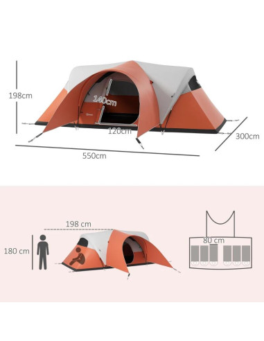 Cort camping, 5-6 persoane, impermeabil, cu copertina, ferestre, geanta, portocaliu, 550x300x198 cm