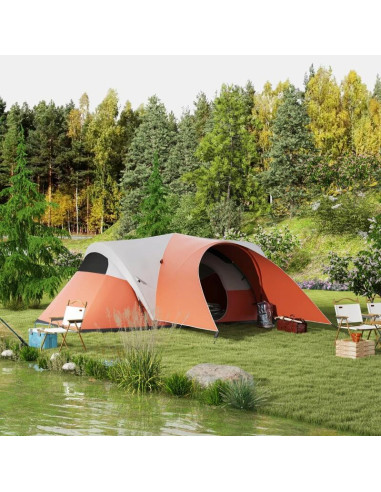 Cort camping, 5-6 persoane, impermeabil, cu copertina, ferestre, geanta, portocaliu, 550x300x198 cm