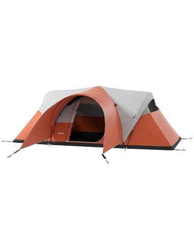 Cort camping, 5-6 persoane, impermeabil, cu copertina, ferestre, geanta, portocaliu, 550x300x198 cm