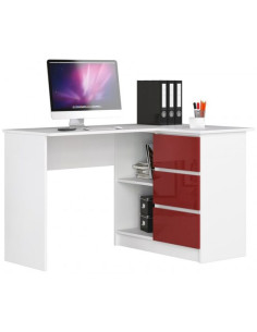 Birou calculator pe colt, placa laminata, 3 sertare, 2 rafturi, pe dreapta, alb si rosu lucios, 124x85x77 cm