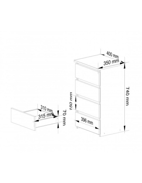 Comoda, placa laminata, 4 sertare, stejar Sonoma, 40x35x74 cm