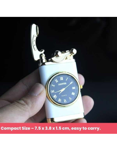Bricheta Reincarcabila Mercaton, pe Gaz cu Flacara Alba Antivant si Ceas Reglabil Incorporat, 7.5 x 3.8 x 1.5 cm, Alb cu Auriu
