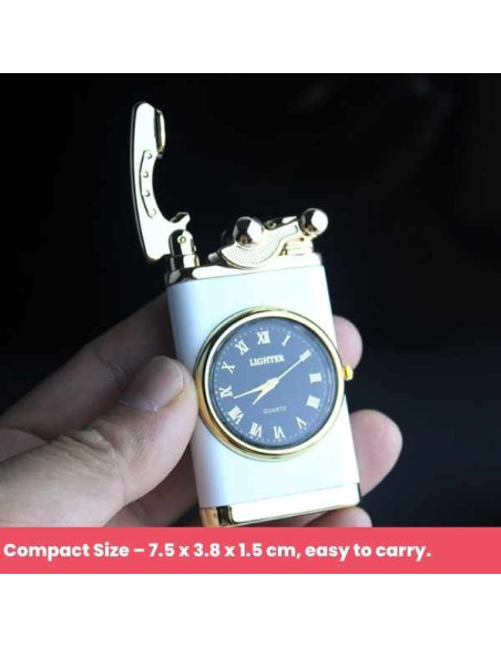Bricheta Reincarcabila Mercaton, pe Gaz cu Flacara Alba Antivant si Ceas Reglabil Incorporat, 7.5 x 3.8 x 1.5 cm, Alb cu Auriu