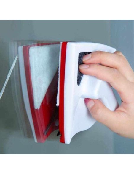 Stergator Dublu Mercaton cu Magnet pentru Curatarea Geamurilor cu Grosime intre 3 si 8 mm si 10 Bureti de Rezerva, Alb cu Rosu