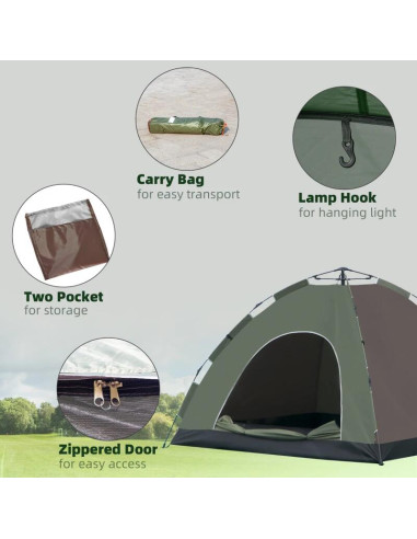 Cort camping, 4 persoane, impermeabil, cu geanta, deschidere automata, verde si maro, 210x210x135 cm