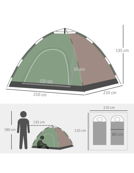 Cort camping, 4 persoane, impermeabil, cu geanta, deschidere automata, verde si maro, 210x210x135 cm
