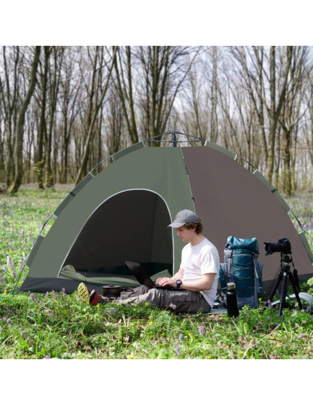 Cort camping, 4 persoane, impermeabil, cu geanta, deschidere automata, verde si maro, 210x210x135 cm