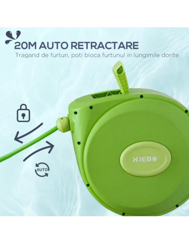 Furtun cu tambur/rola pentru gradina, retractabil/automat, portabil, pentru perete, 1/2", 9 moduri, 20 m