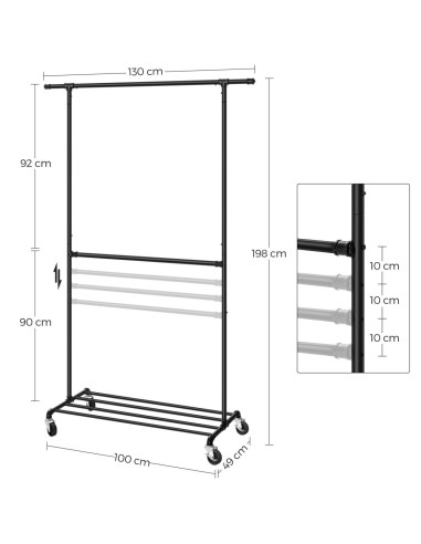 Suport mobil cu roti pentru haine, Artool, cu raft incaltaminte, reglabil, otel, negru, max 110 kg, 130x49x198 cm