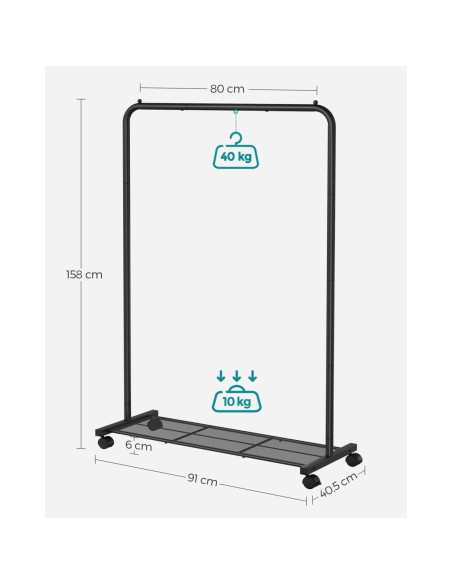 Suport mobil cu roti pentru haine, Artool, cu raft incaltaminte, otel, negru, max 40 kg, 90.5x40.5x158 cm