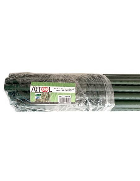 Set 20 araci/suport pentru rosii, castraveti, fasole, metal + PVC, verde, 75x0.8 cm, Artool