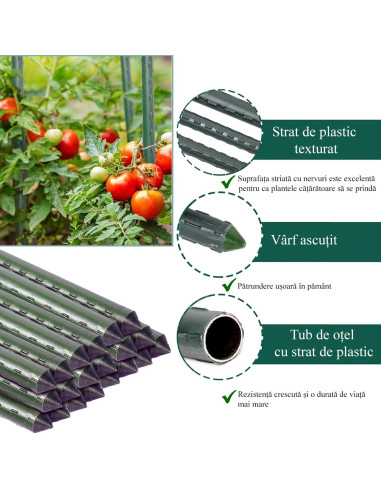 Set 20 araci/suport pentru rosii, castraveti, fasole, metal + PVC, verde, 120x1.6 cm, Artool