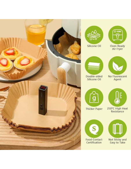 Set 200 Hartii de copt sau prajit pentru Airfryer, Forma patrat, in suport de plastic cu capac, 20 x 20 cm