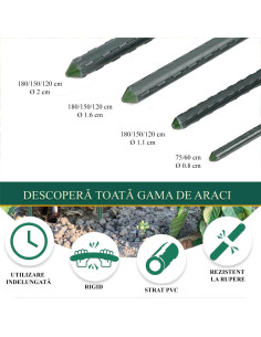 Set 20 araci/suport pentru rosii, castraveti, fasole, metal + PVC, verde, 180x1.6 cm, Artool 2